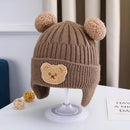 Touca de bebê de lã com orelhas de urso, chapéu fofo de proteção, infantil, inverno, grosso, quente, tricô, versão coreana do chapéu de bebê